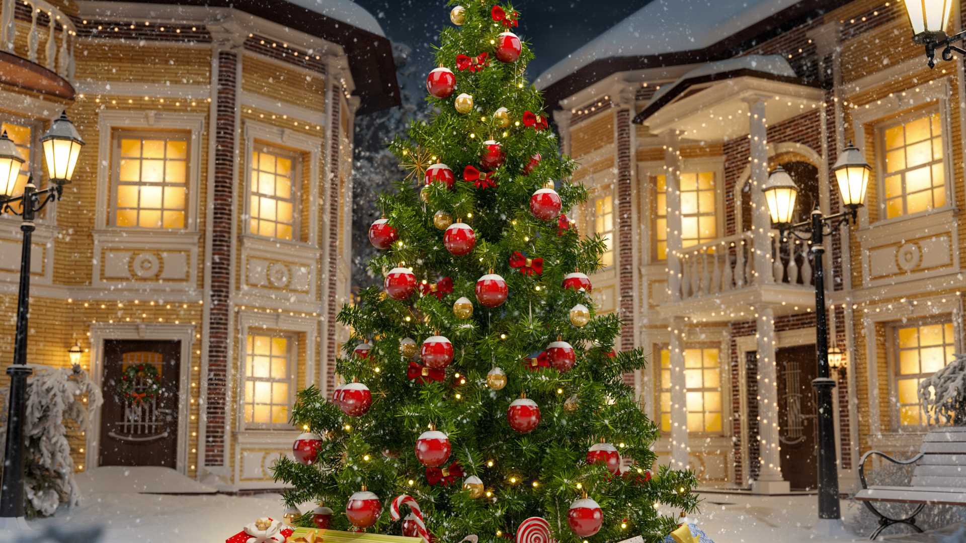 Иллюстрация. В центре картины стоит празднично украшенная елка. У ее основания лежат коробки с подарками. На заднем фоне -  украшенные  дома, покрытые снегом.